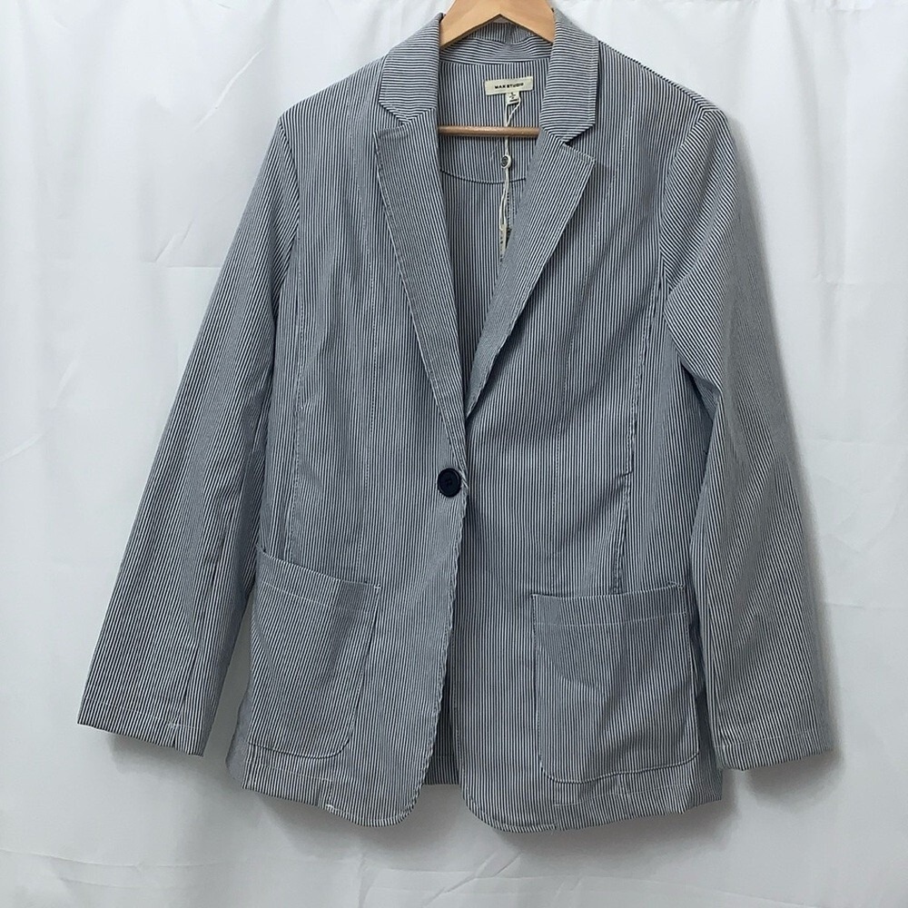 Max Studio Womens Large Navy Blue White Striped Single Button Blazer 2701R22 NWT